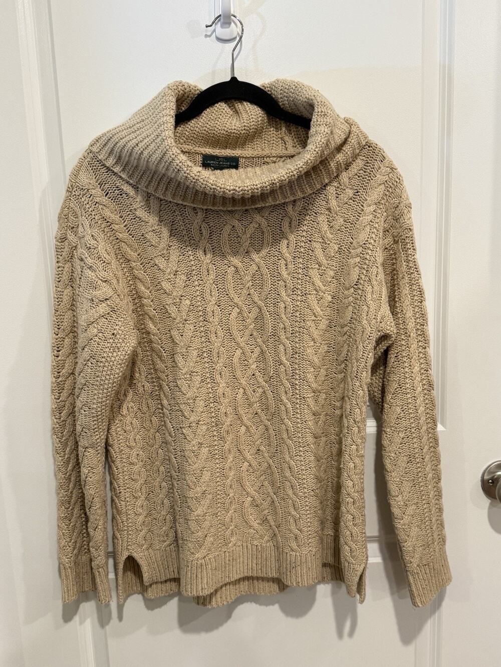 Lauren Ralph Lauren Sweater Loose Turtleneck Cable Knit Beige Size Large Women